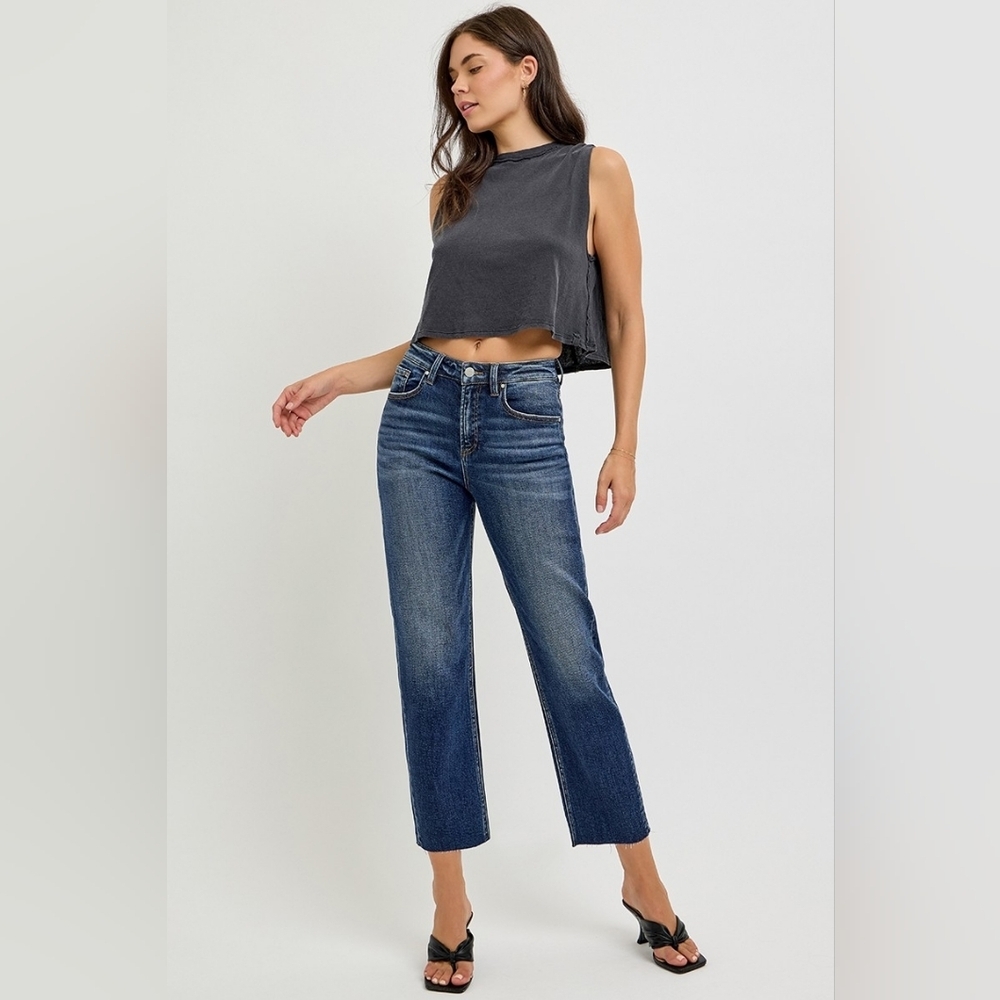 Risen High Rise Dark Wash Slim Barrel Jeans Cropped Ankle Various NEW